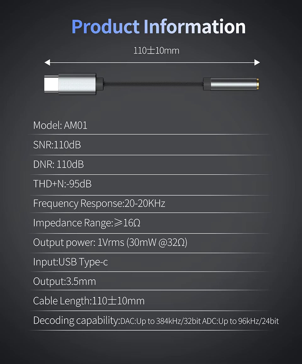 🚀 KZ AM01 – Adaptador de Audio USB Tipo C a 3.5 mm Hi-Fi DAC 32bit/384kHz