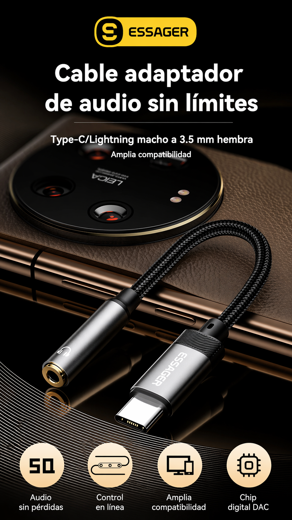 Adaptador Essager Type-c A Jack 3.5mm Hembra Chip Dac