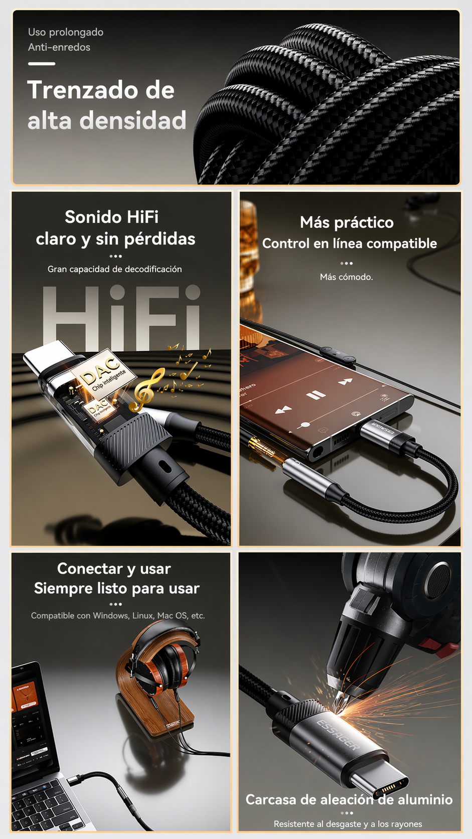 Adaptador Essager Type-c A Jack 3.5mm Hembra Chip Dac