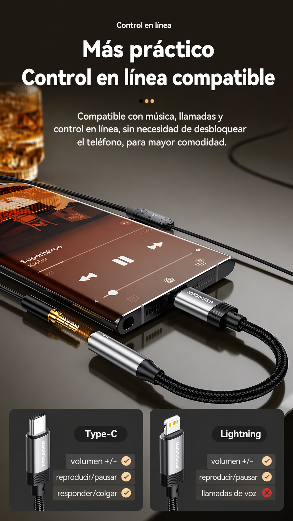 Adaptador Essager Type-c A Jack 3.5mm Hembra Chip Dac