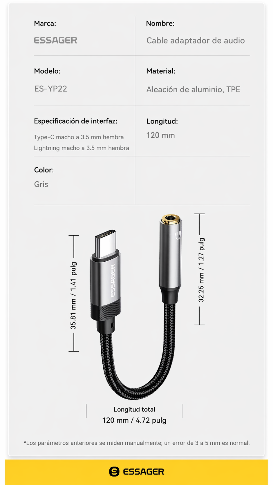 Adaptador Essager Type-c A Jack 3.5mm Hembra Chip Dac